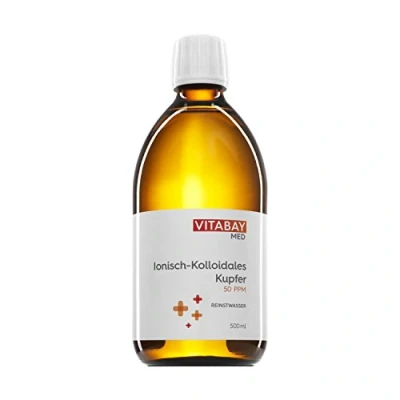 Imagen de vitabay Altamente Dosificado, Nivel de Pureza 99,99%, Sin Otros Aditivos, Envasado En Botella Vidrio Ámbar, Fabricado Alemania (Cobre Coloidal 50PPM, 500ml (Paquete 1))