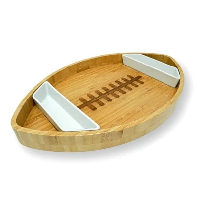 Imagen de 40YARDS Plato de bambú fútbol Americano con 2 Cuencos cerámica para Salsas Cuenco Madera XXL (40 x 24 cm) Patatas Fritas, Verduras crudas, Nachos y Aperitivos