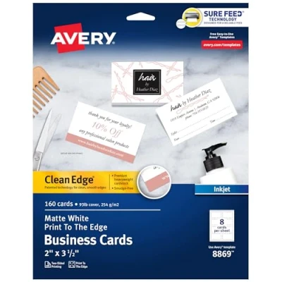 Imagen de Avery Clean Edge tarjetas de visita imprimibles con tecnología Sure Feed, 2 x 3.5 pulgadas, blanco, 160 en blanco para impresoras inyección tinta (08869)