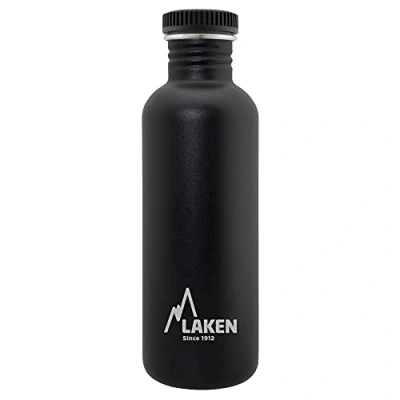 Imagen de LAKEN Botella de Agua Acero Inoxidable (1L Negro) con Tapón Basic Para Niños y Adultos/Para Gimnasio Deportes Reutilizable Reciclable