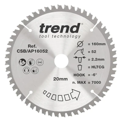 Imagen de Trend CraftPro Hoja de sierra circular TCT para encimera aluminio y plástico, 160 mm diámetro x 52 dientes 20 interior, punta carburo tungsteno, CSB/AP16052