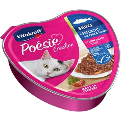 Imagen de Vitakraft Poésie Création, comida húmeda para gatos, en salsa, con abadejo, espinacas y tomate, alimento húmedo gatos adultos, sin azúcares añadidos (1x 85g)