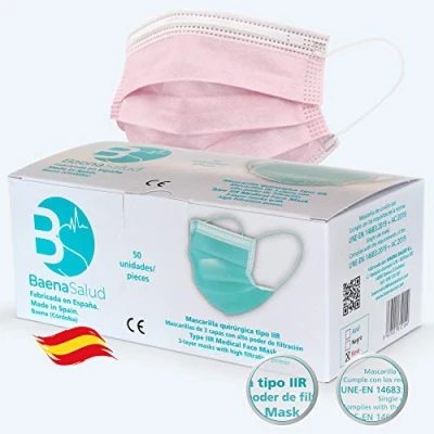 Imagen de BAENA SALUD 50 Mascarillas Quirúrgicas, higiénicas, desechables, Tipo IIR, en color rosa, filtración (BFE) 98%, hechas España