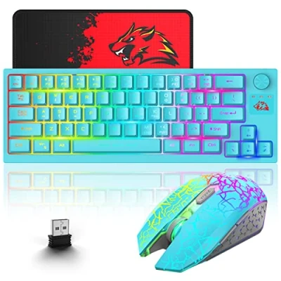 Imagen de Combo Teclado y ratón Inalámbrico para Windows, 2.4 GHz con Receptor USB, 64 Teclas Perilla RGB Retroiluminado Recargable 3000mAh Batería 2400 dpi Mouse Alfombrilla de Azul