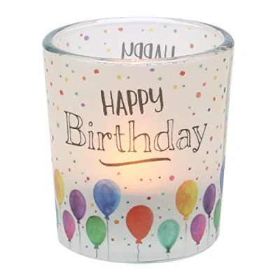 Imagen de Dekohelden24 Portavelas de Cristal Cinta Transparente, Incluye 1 Vela té, Alto/diámetro: 6,5 x 6 cm, diseño Birthday, Windlichtglas Happy, cm
