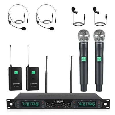 Imagen de Pheny Pro Sistema de microfonía inalámbrica UHF 4 Canales, frecuencia Fija Micrófonos Mano/de Bolsillo/de Diadema/de Solapa para Iglesia, Karaoke, Vocal, DJ (PTU 5000B)