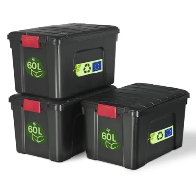 Imagen de Iris Ohyama, Caja de almacenamiento plástico grande, garaje 60 l, Lote 3, SIA 60, Negro, Apilable, Clips cierre A59 x F39,5 A35,5 cm