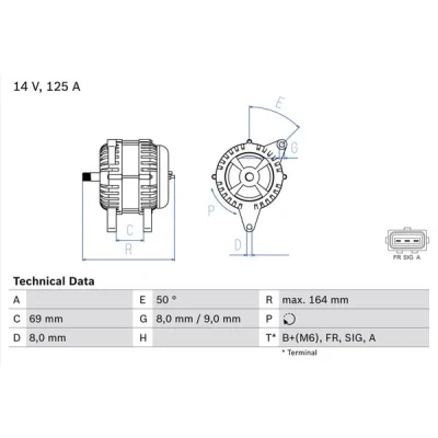 Imagen de BOSCH 0 986 049 181 Alternador 14V 125A FORD: Transit Connect Mk1 Furgón, Tourneo