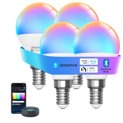 Imagen de Aigostar Mesh Bombilla inteligente Bluetooth Mesh, G45. 2700K 6500K y RGB regulable, E14, 6.5W, 555LM. LED compatible con Alexa Google Home. Incluye mando a distancia. 4Uds