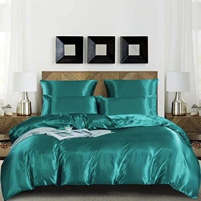 Imagen de Damier Juego de ropa cama satén, 155 x 220 cm, color turquesa liso, brillante, 3 piezas, funda nórdica lujo con cremallera y 2 fundas almohada 80 cm