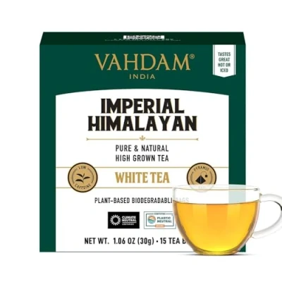 Imagen de VAHDAM, Imperial Himalayan Té Blanco (15 Piramidales Bolsitas De Té) 100% Pura Y Natural Envasado Fresco En La India Caliente, Frío O Como Kombucha