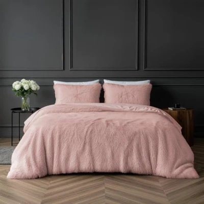 Imagen de Sleepdown Juego de cama, funda edredón y almohada, pelo sintético lujo, supersuave fácil cuidado, color rosa, para cama Super King (220 cm x 260 cm)