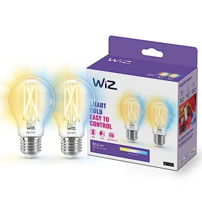 Imagen de WiZ Bombilla inteligente Filamento LED Wi Fi, 6,7w(Eq. 60w) E27 A60, Luz Blanca Cálida a Fría Regulable, con tecnología SpaceSense y compatible Alexa Google Home Pack de 2