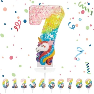 Imagen de Velas Cumpleaños Números 7,3D Unicornio Arco iris Vela,Vela de Número 7 Pastel Decoración,Aniversarios,Baby Shower