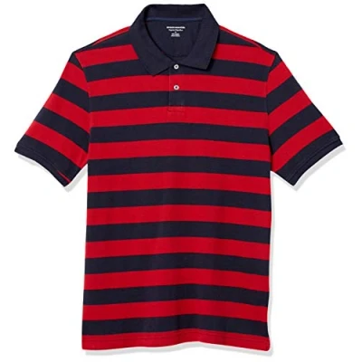 Imagen de Amazon Essentials Polo en piqué de algodón con Corte Regular (Disponible Talla Grandes y Largos Especiales) Hombre, Azul Marino Rojo Raya Rugby, XL