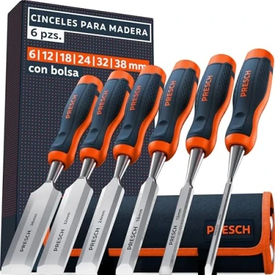 Imagen de Presch Juego de cinceles para madera 6 uds. Incl. bolsa Formones (6mm, 12mm, 18mm, 24mm, 32mm, 36mm) con ángulo 25 Acabado rectificado