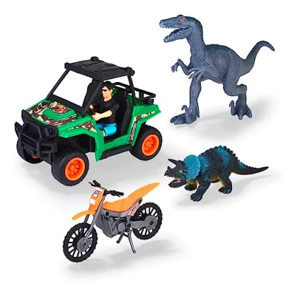 Imagen de Dickie Toys Coches de Juguete Dino Explorer Dinosaurio con 2 vehículos, Dinosaurios y 1 Figura guardabosques, Juguetes a Partir 3 años