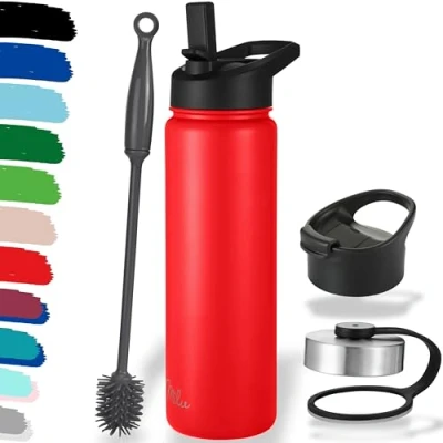 Imagen de Milu botella de agua acero inoxidable, 500, 750, 1000ml (+3 tapas), termo con pajita, aislada, aislante a prueba fugas, apta para carbona, (rojo 500 ml)