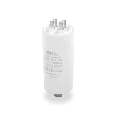 Imagen de DL pro condensador de motor 45 µF 450 V, diámetro x 95 mm, universal, con casquillos 6,3 mm AMP y tornillo fijación M8 CBB60, arranque para aparatos eléctricos domésticos