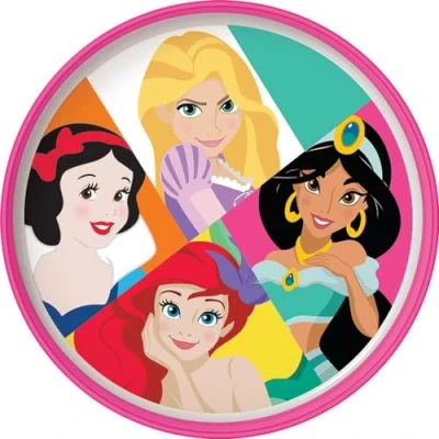 Imagen de TataWay in viaggio si cresce Disney Plato llano blanco y rosa para niñas de plástico Princesas Blancanieves Ariel Jasmin Rapunzel con base antideslizante