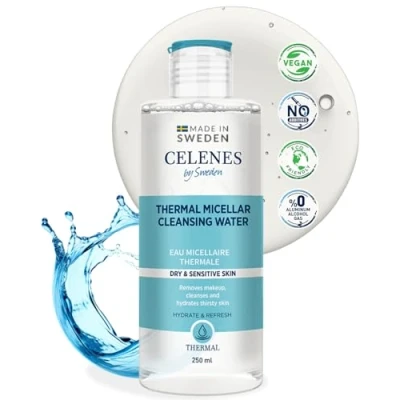 Imagen de Celenes by Sweden Agua Micelar Termal Avanzada para Piel Seca y Sensible, Sin Alcohol Parabenos, Fórmula Calmante con Bisabolol, Desmaquillante Suave, Ecológico, 250ml