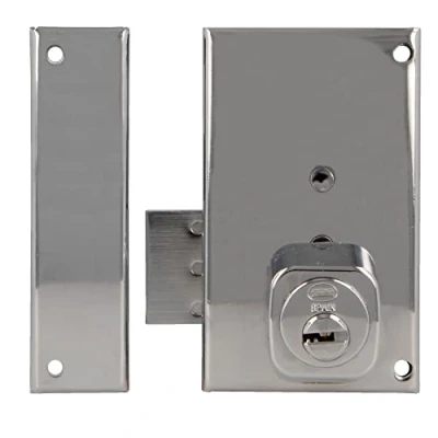 Imagen de Amig Cerradura de Sobreponer Izquierda con Palanca Cierre y Lengüeta para Puertas Madera Mod. 75P, 67 x 112 mm, Cilindro Redondo Seguridad, Acero Plateado