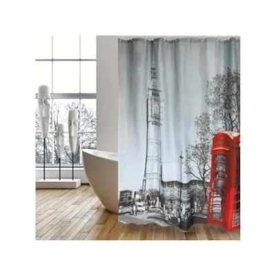 Imagen de MSV, Cortina de Ducha, Poliéster, Revestimiento Antibacteriano, Anillas Incluidas, Lavable a 30, Tejido Impermeable Máquina, Fabricada en Europa, Londres, 180 x 200 cm