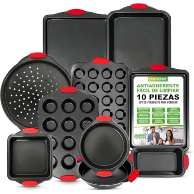 Imagen de Nutrichef juego de 10 moldes, Utensilios horno, Baking set, Moldes reposteria, Antiadherentes, Libres PFOA, PFOS, PFTEE, Aptos para hornos hasta 230C (450F), Mangos silicona