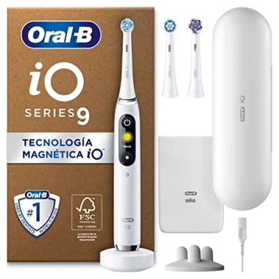 Imagen de Oral B iO 9 Cepillo de Dientes Eléctrico con Mango Recargable, 3 Cabezales y Estuche Viaje Cargador, Diseñado por Braun, Regalos Originales para Mujer Hombre Blanco