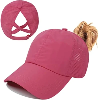 Imagen de Gorra de Béisbol Mujer Cola Caballo,Ponycap High Messy Bun,Verano Transpirable Secado rápido del Deporte,Ajustable Buckle,Malla Casuales (Rosa roja)