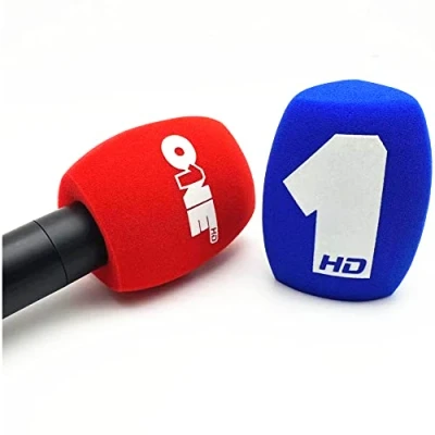 Imagen de 2 paquetes de parabrisas espuma para micrófono con logotipo personalizado entrevista mano, fundas 40 mm apertura micrófonos universales (rojo)