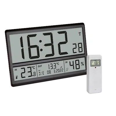 Imagen de TFA Dostmann Reloj de Pared Digital XL 60.4523.01, con Temperatura Exterior y Clima Interior, Radio, indicador 24 Horas, Fecha Completa, Color Negro, 360 x 235 28 (84) mm