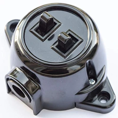 Imagen de Interruptor retro de doble serie, 10 A/250 V, IP20, color negro, aspecto baquelita, brillante, adecuado para madera