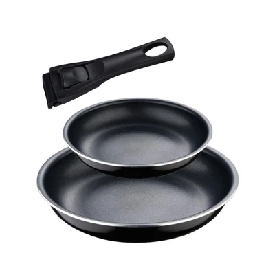Imagen de Bergner Click&amp;Cook Black Edition Juego de Sartenes 3 Piezas 22 y 26 cm + Mango Ergonómico Extraíble Aluminio Prensado Antiadherente Para Todo Tipo Cocinas Horno