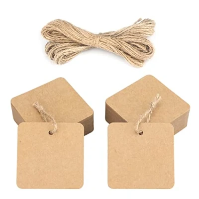 Imagen de jijAcraft Etiquetas de Papel Kraft Cuadradas 5,5cm, 100 Uds Regalo y 20 Metros Cuerda Yute, para Artesanía Navidad Cumpleaños (Marrón)