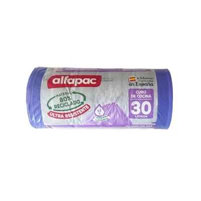 Imagen de ALFAPAC Bolas de basura 15u &#039;Lavanda&#039;, Ultra resistentes, Triple capa, Antigoteo, 30L autocierre