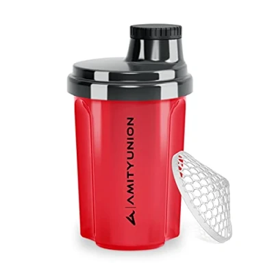 Imagen de AMITYUNION Coctelera de proteínas 300 ml Heaven a prueba fugas, sin BPA con tamiz y escala que se pueden hacer clic para batidos cremosos suero, mezclador proteínas, original en Negro rojo