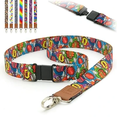 Imagen de Correa para el cuello lanyard cordones Tirador de seguridad preimpreso con diseño cómics, clip metal, soportes tarjetas identificación, 2 cm, paquete 10