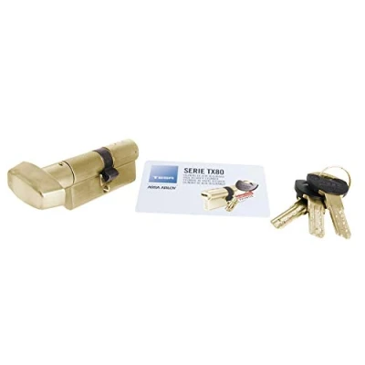 Imagen de Tesa Assa Abloy, TX8B4040L, Cilindro de Alta Seguridad, TX80, Doble Embrague, Leva Larga, Llave Botón, Latonado, 40 x mm