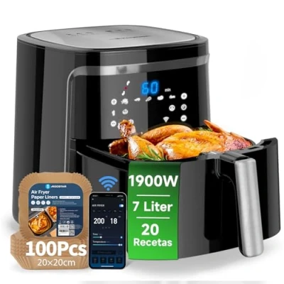 Imagen de Aigostar Cube Smart, Freidora de Aire inteligente sin aceite, Conexión Wifi, 1900W, 7L, Modo manual, Pantalla LED táctil, 7 funciones + mantener caliente, Con Papel 100 Unidades