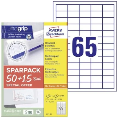 Imagen de AVERY Zweckform 6121 65 etiquetas universales (3.250 plus 975 adhesivas extra, 38 x 21,2 mm en A4, papel mate, imprimibles individualmente, pegatinas autoadhesivas con ultraagarre),