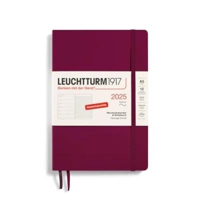 Imagen de LEUCHTTURM1917 370508 Agenda semanal y cuaderno 2025, tamaño mediano A5, tapa blanda, planificador de 12 meses, 80 g, a rayas, Port Red