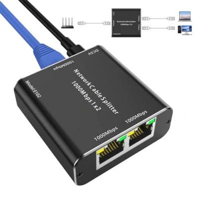 Imagen de Divisor de red LAN 1 a 2, 1000 Mbps RJ45, 2 puertos Ethernet, RJ45 Gigabit Switch CAT5 CAT5E CAT6 CAT7 para PC, portátil, hub, conmutador, router, set top box, TV digital