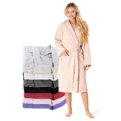 Imagen de Twinzen Bata Mujer (L, Beige Claro/Topo) 100% Algodón, Certificado Oeko Tex Albornoz de Algodón con Capucha, 2 Bolsillos, Cinturón Baño Suave, Absorbente y Cómoda