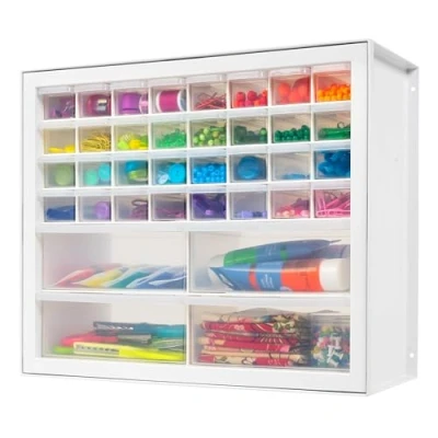 Imagen de IRIS USA Gabinete de almacenamiento apilable 36 cajones para manualidades y juguetes, 19.5 pulgadas ancho x 7 profundidad 15.5 alto, color blanco, organizador