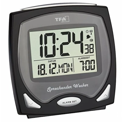 Imagen de TFA Dostmann Reloj despertador inalámbrico parlante, ideal para personas con discapacidad visual, 60.2541.01, 12,7 x 12,4 68,0 cm, negro, plástico