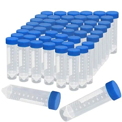 Imagen de BITEFU 50 Pcs 50ML Centrifuge Tube, Transparentes de Tubes Marcas, Cónicas/Fondo Plano con Tapa Rosca Azul, Prueba Estériles Para Laboratorio