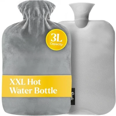 Imagen de Qomfor XXL Bolsa de Agua Caliente con Forro Polar Suave (3L) para Alivio del Dolor, Calor Corporal y Menstruación Ideal Espalda, Cólicos Calentar la Cama (Gris)