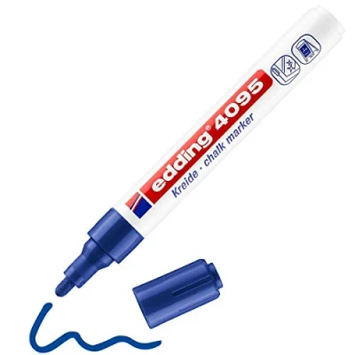 Imagen de edding 4095 marcador de tiza azul 1 rotulador punta redonda 2 3 mm rotuladores para cristal borrables pizarras, vidrio y espejos líquida cobertura opaca