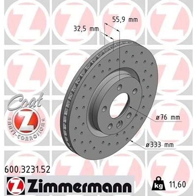 Imagen de ZIMMERMANN SPORT COAT Z 600.3231.52 Disco de freno 333 32 6/5 5 120 ventilación interna, perforado revestido altamente carbonizado